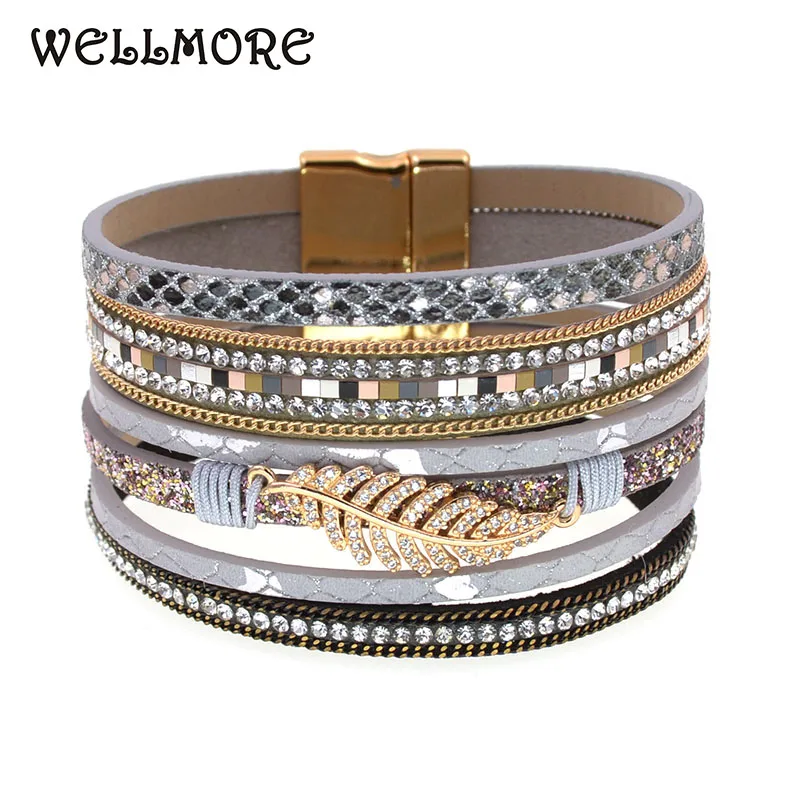 WELLMORE Leather bracelet For Women Fashion 2024 Boho Wide Wrap Bracelet feather Jewely wholesale