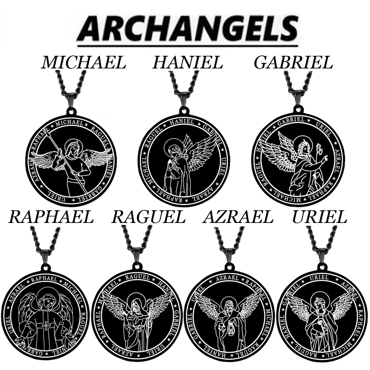 Black Color 7 Archangel MICHAEL GABRIEL RAPHAEL RAGUEL AZRAEL URIEL Amulet Sigil of Angel Wings Stainless Steel Pendant Necklace