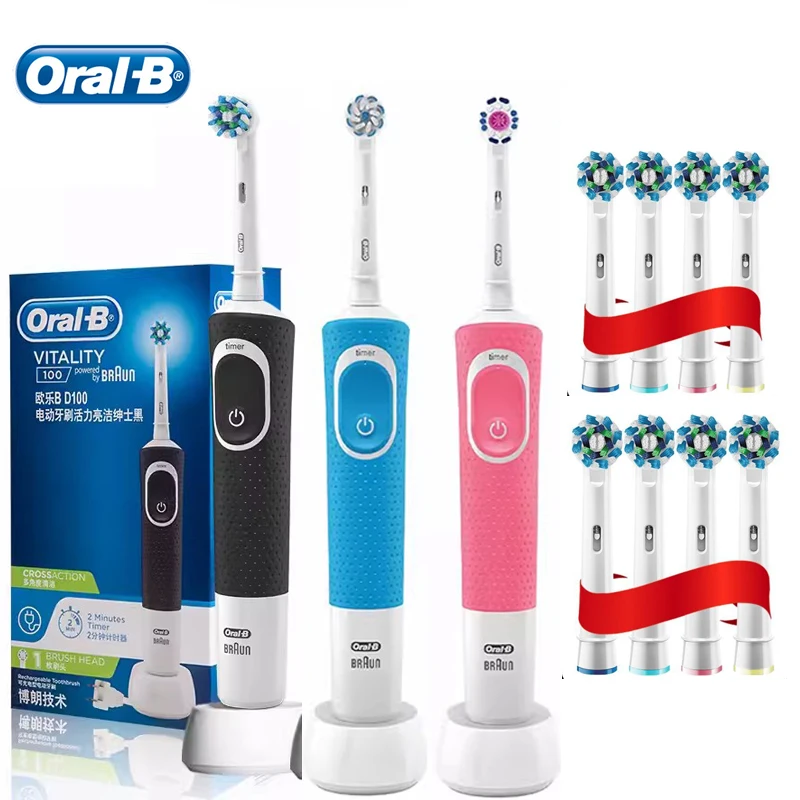 Oral B Vitality Electric Toothbrush D100 Rechargeable Adult Teeth Brush White Teeth Cross Action Clean Teeth with 8 Extra Heads