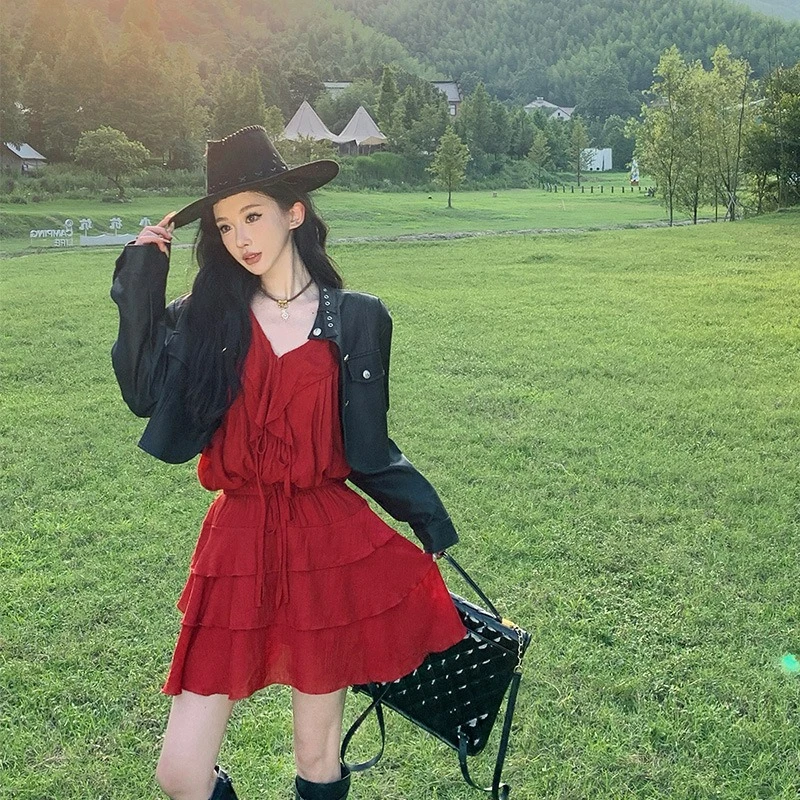 

Suit Skirt Women Travel Ethnic Style Red Long-sleeved Top Short Skirt A Complete Set of Temperament Fashion Comfort Elegant