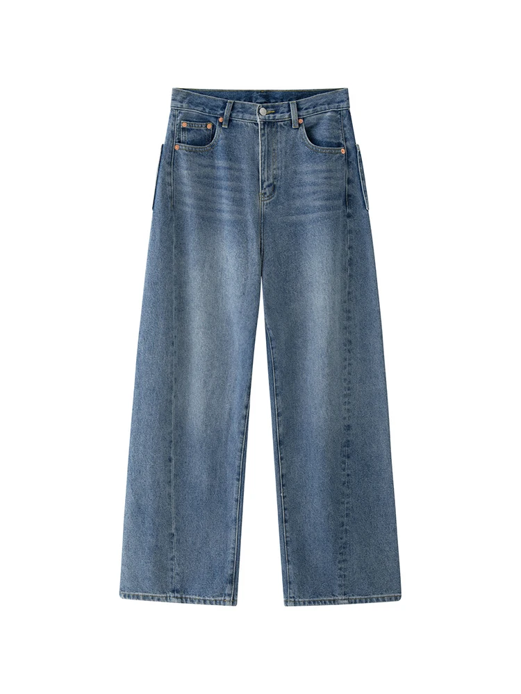 Lanmrem gespleißte gewaschene Jeans für Frauen Jeans mit hoher Taille und weitem Bein Streetwear Damen hose Herbst neu 26 d9963