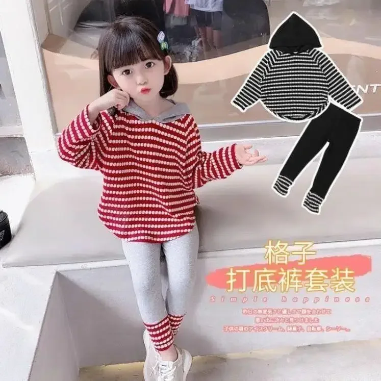 Kids Girls Striped Hooded Leggings Clothing Sets 2024 New Arrival Teenage Girls T-shirts Leggings 2Pcs Sets Red Cute Clothes