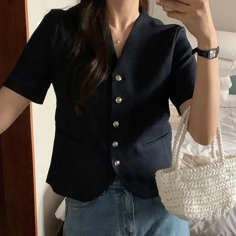 Simple V Neck White Short Sleeve Suits Cropped Cardigan Metal Single Breasted Shirt Women 2024 Spring Jacket Elegant Coat Shirts