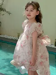 Casual Dresses Summer Girls Princess Fragmented Flowers Bow Knot Birthday 2026 Square Collar Printing Sweet Lovely