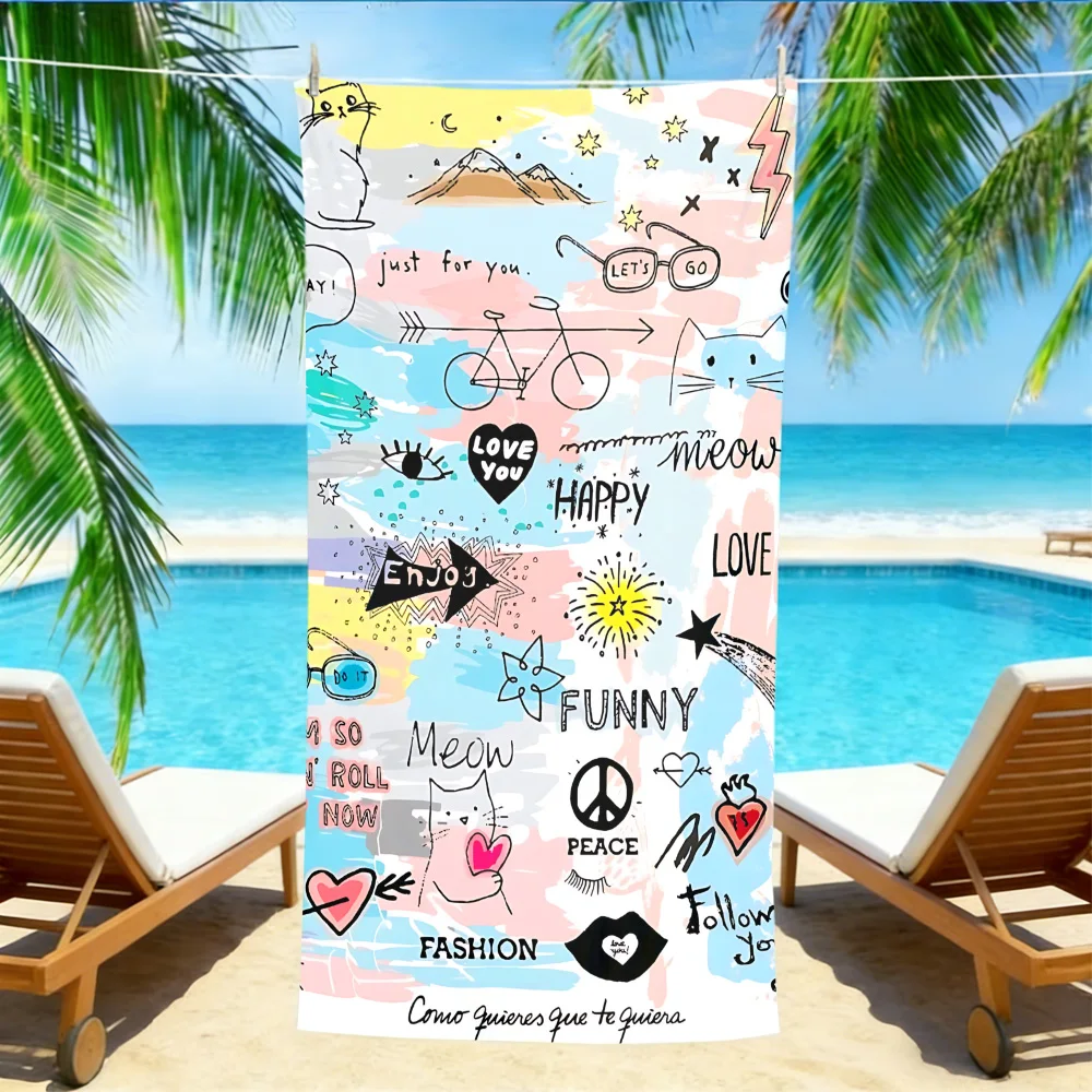 Doodle Art Love Beach Towel – Oversized Quick Dry Sand Free with Happy & Peace Sign Print