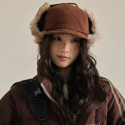 Winter Velvet Thickened Thermal Bomber Hats for Men and Women Suitable for Outdoor Cycling American Retro Short Brim Flying Cap