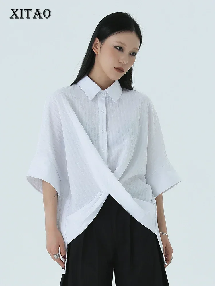 

XITAO Свободная рубашка нестандартной формы в перекрестную полоску с отложным воротником и половиной рукавов, однотонный пуловер, летний модный женский топ HQQ1046