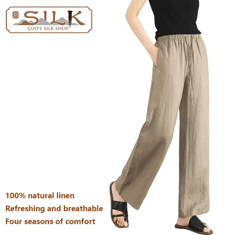 Natural Pure Linen Women's Pants - Simple Style Casual Strapped Straight Pants for Outdoor Travel, Comfortable to Wear