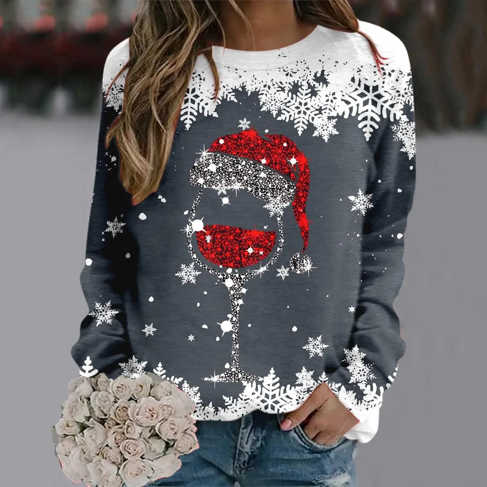 Women Christmas Print Hoodies Hoodies 2024 Winter New Round Neck Fashion Long Sleeve Pullover Loose Large Size Tops For Lady