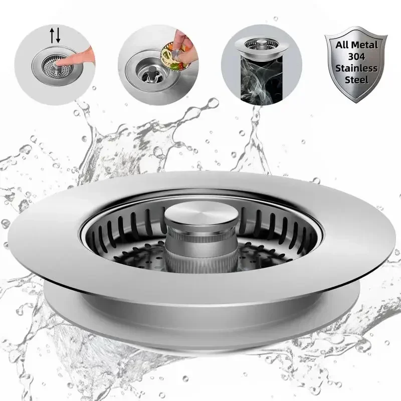 

304 Stainless Steel Upgrade! 3-in-1 Kitchen Sink Strainer & Stopper, Anti-Clog Food Trap for US 3.5" Drains