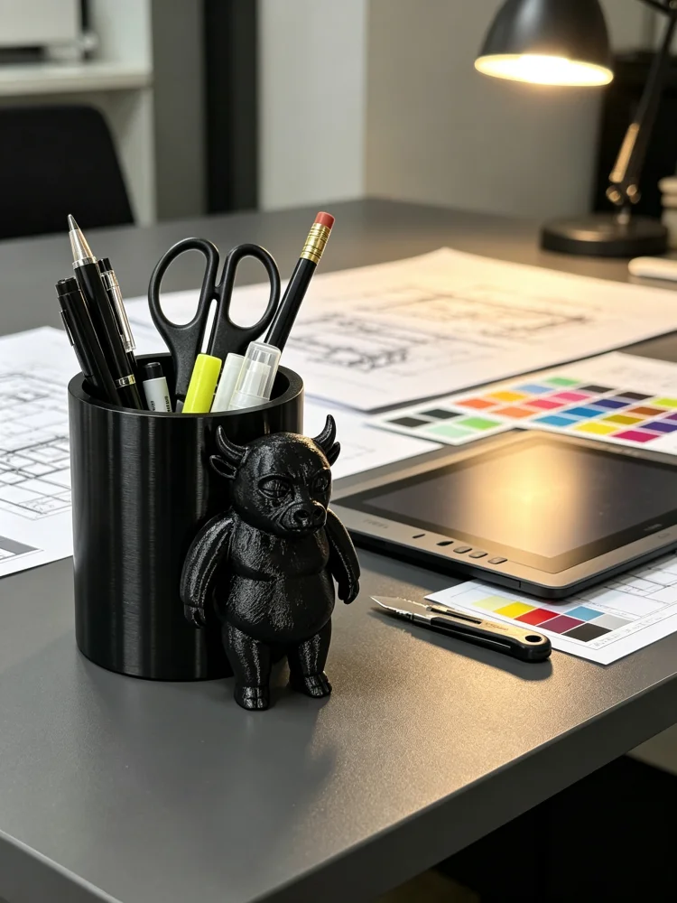 Gaming Room Accessories Ideas - ダークキュートな鬼の牛のデスクトップペンホルダー収納ボックス、3D鬼の子牛像ペンカップ、マットブラックのソリッドPETG素材、大容量多目的ペン収納容器、安定したベースで安全に設置可能、オフィス用品収納、学生デスク、オフィスデスク、ゲーミングデスクに最適、個性的なモンスターデスクトップデコレーション、ゴシックスタイルのルームデコレーションアクセサリー、斬新でユニークな文房具、デスクに雰囲気を添える、楽しいギフトアイデア