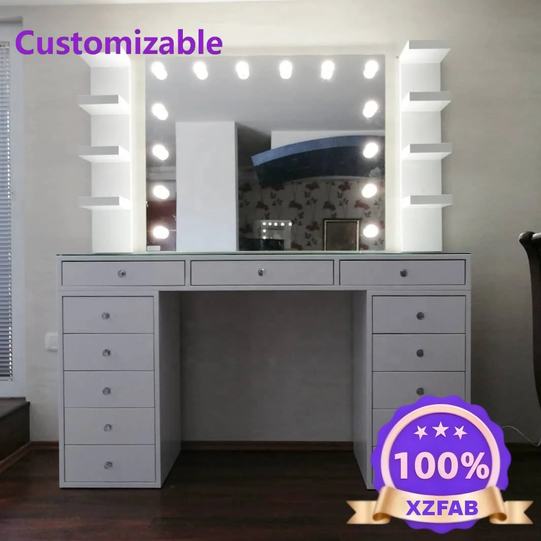 Factory Direct 2026 ⅹ−Ulink HOT Luxury Design Makeup Desktop Wood Dressing Table Mirror Makeup Vanity With Led Bulbs