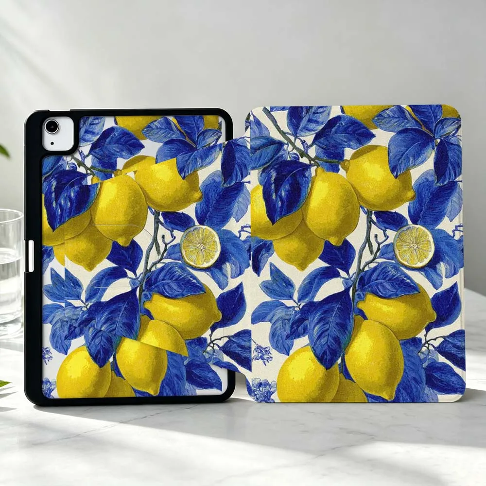 Luxury Lemon Pattern For iPad Pro Air mini 6 5 4 12th M5 M4 M3 M2 A16 A17Pro 360° Rotation Stylus Storage Tablet Case Soft