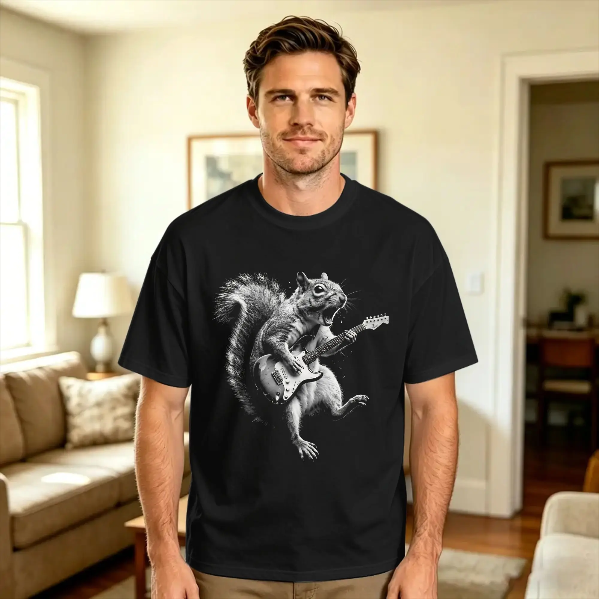 Funny Rock n Roll Squirrel Playing Electric Guitar Rocker Classic T Shirt  Leisure T-Shirts Short Sleeves Y2K Tops 100 Cotton