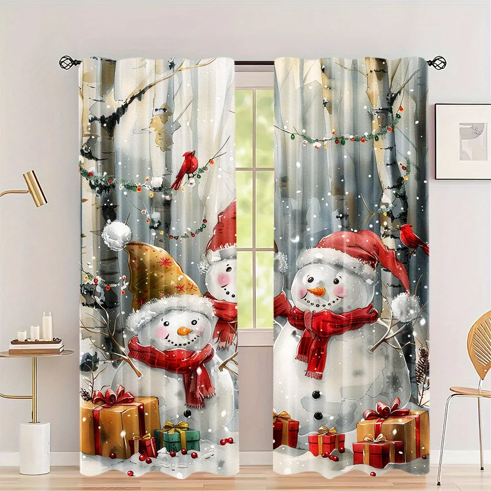 

2 Pcs Cute Cartoon Snowman Christmas Curtains Red White Winter Scene Gifts Living Room Bedroom Kitchen Balcony Decor Curtains