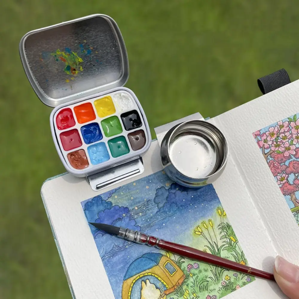 Portable 12/24 Grids Watercolor Box Iron Empty Watercolor Paint Box Outdoor Travel Paint Pigment Box With Clip Art Accessories