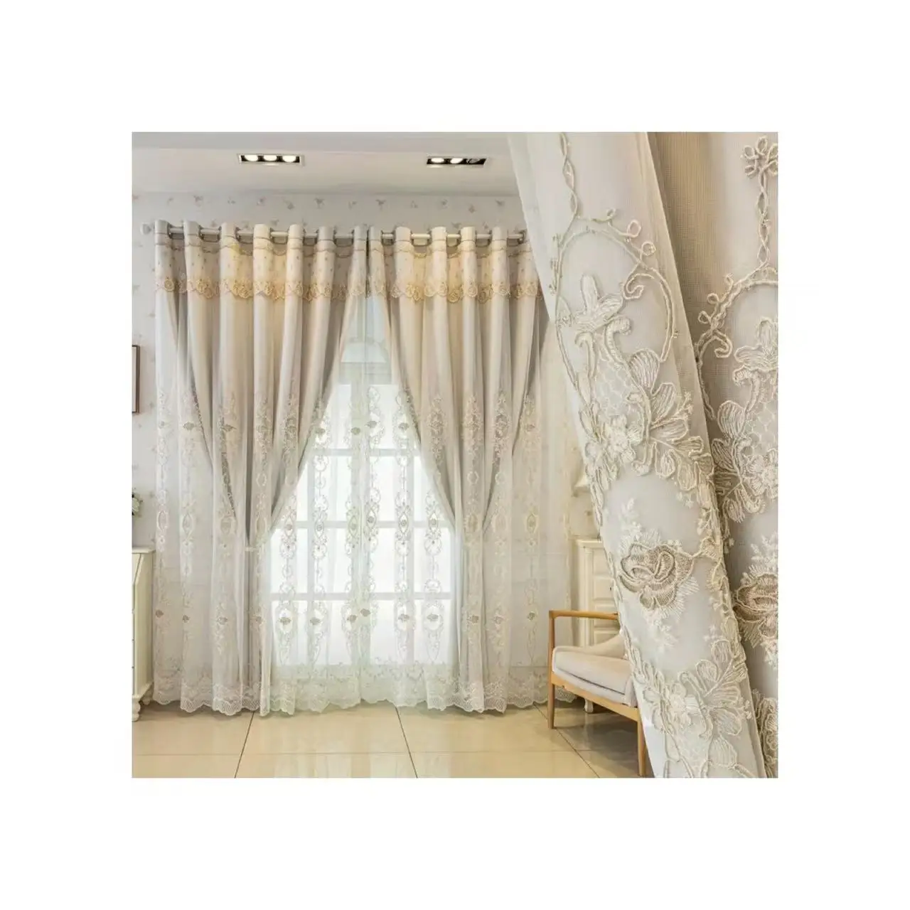 1 stuk dubbelzijdig multicolor verduisterende gordijn, Europese paleis-stijl geborduurde sheer + blind set, eenvoudige installatie voor woonkamer slaapkamer - afbeelding 2