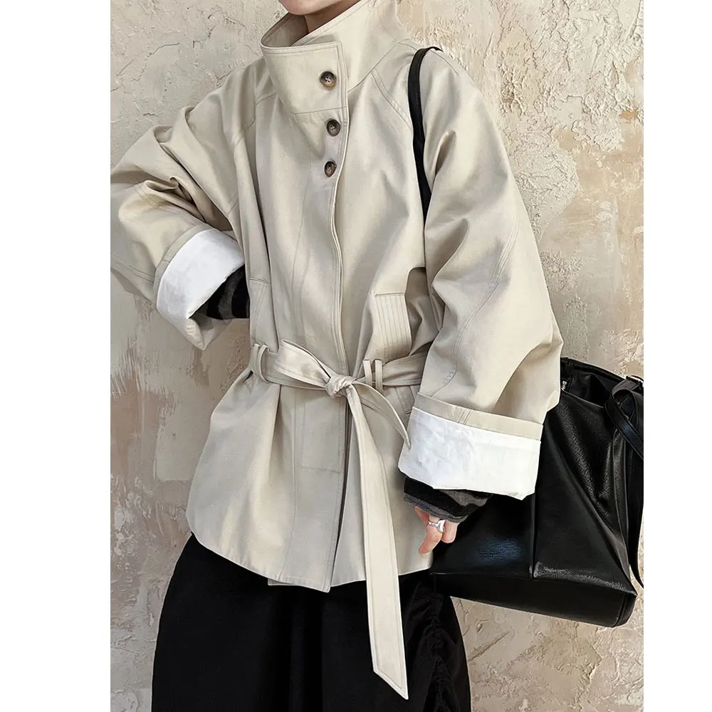 Damski Płaszcz Trencz Jesienny Wysokiej Jakości Stójka Khaki Bawełniany Trencz Femme Casaco Abrigo Streetwear