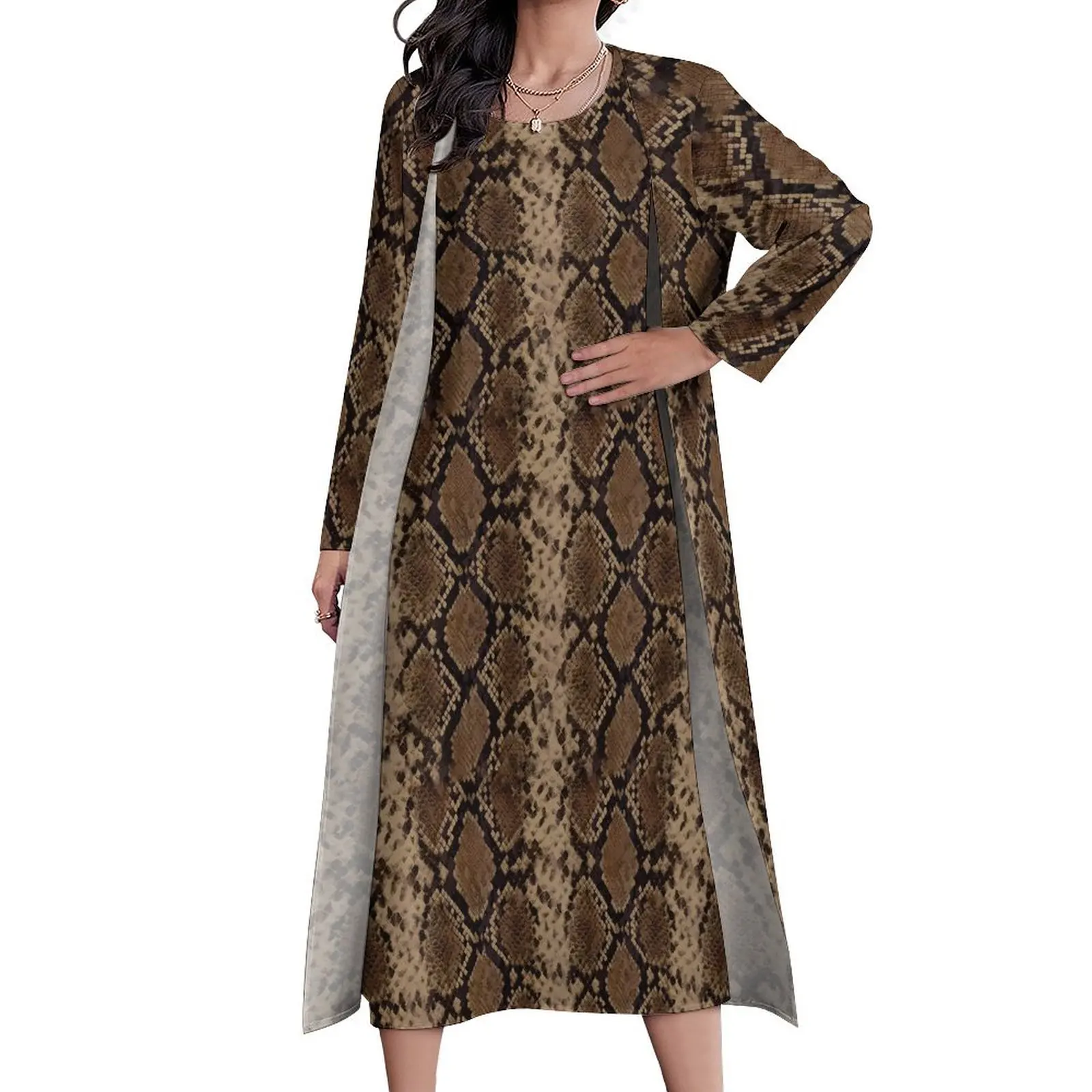 

Brown Snakeskin Dress Animal Print Cute Maxi Dress Two Piece Custom Bohemia Long Dresses Street Wear Oversized Vestido