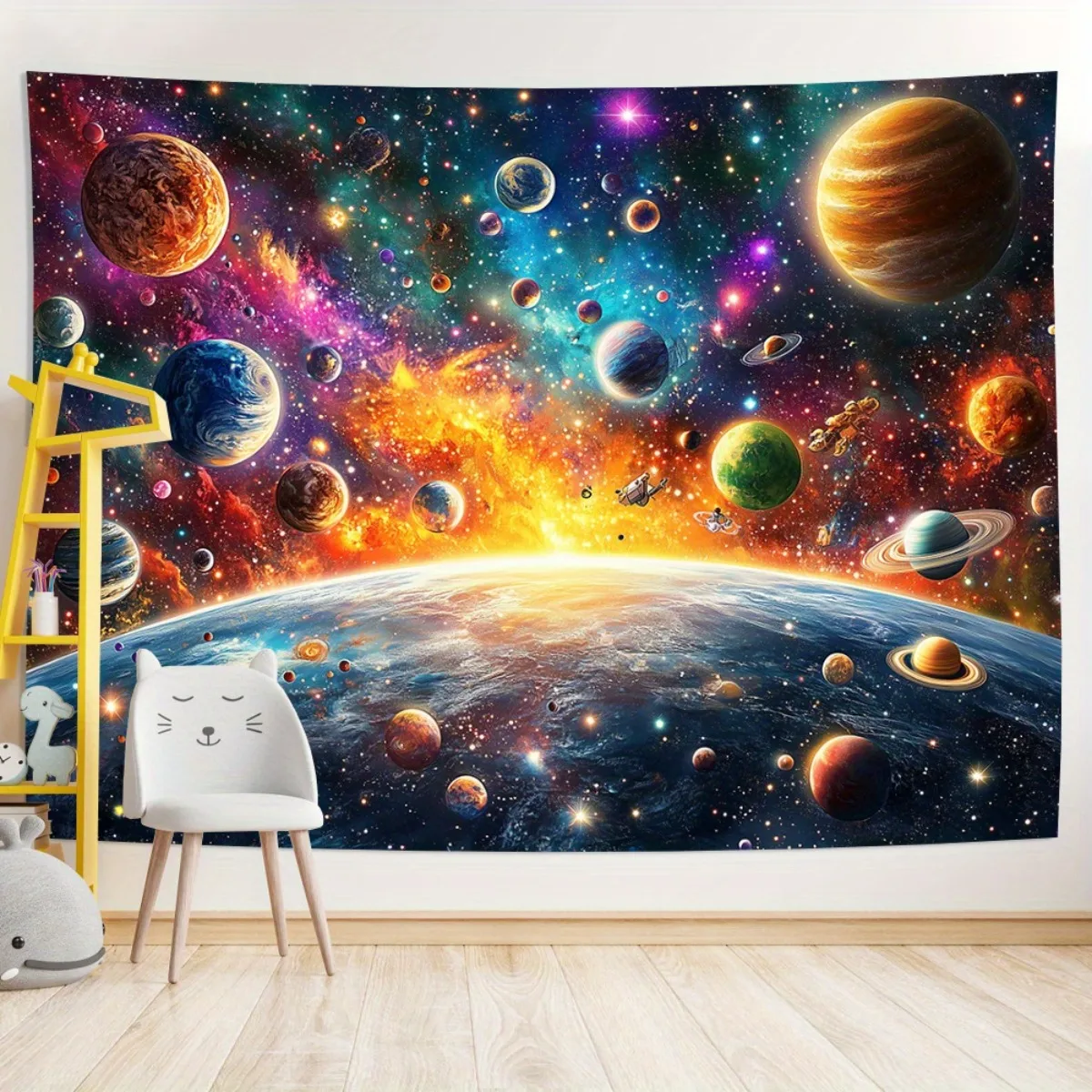 Kosmische Galaxie-Wandteppiche, lebendiger Druck mit bunten Planeten, Nebel und Erde aus dem Weltraum, Wandbehang für Schlafzimmer, Science-Fiction-Dekoration