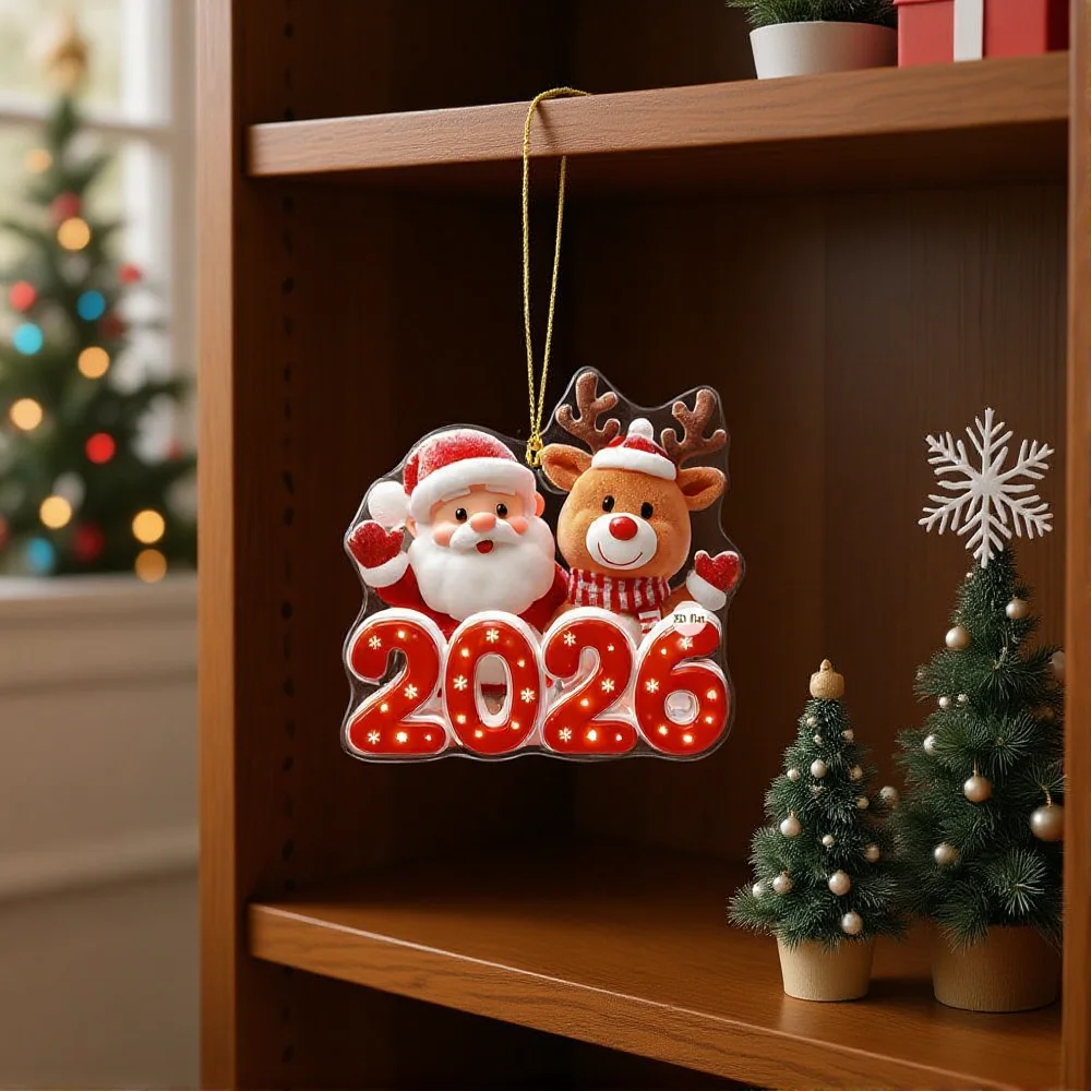 2D Flat Acrylic Cute Cartoon Santa Claus Snowman Elk Pendant Xmas Tree Hanging Ornament Home Xmas Decor 2026 Happy New Year Gift