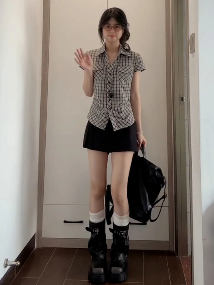 Retro Koreaanse geruite taille-kalkende slim fit ort Sve irt dames zomer anti-aging personali super mooie veelzijdige s...