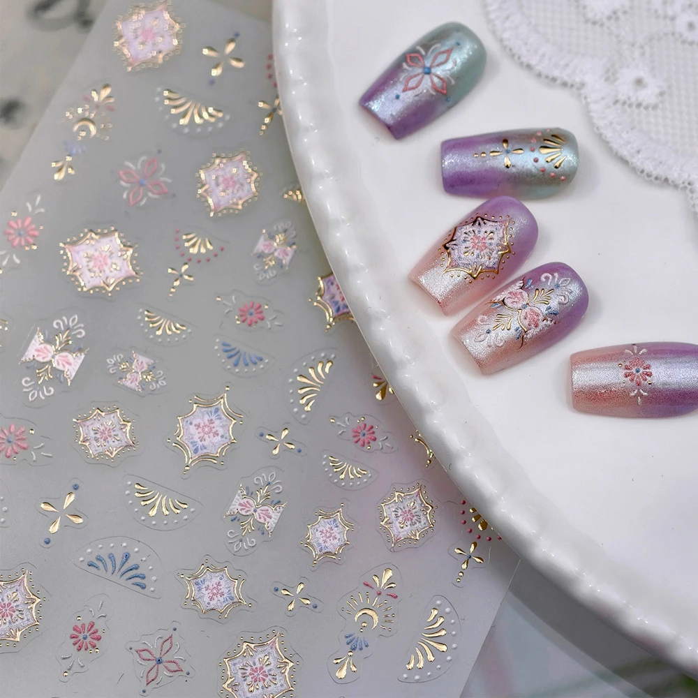 Bohemian 5D Nail Art Sticker Colorful Gold Stars Crescent Moon Tribal Totem Pattern Self Adhesive Decoration Manicure Decal DIY