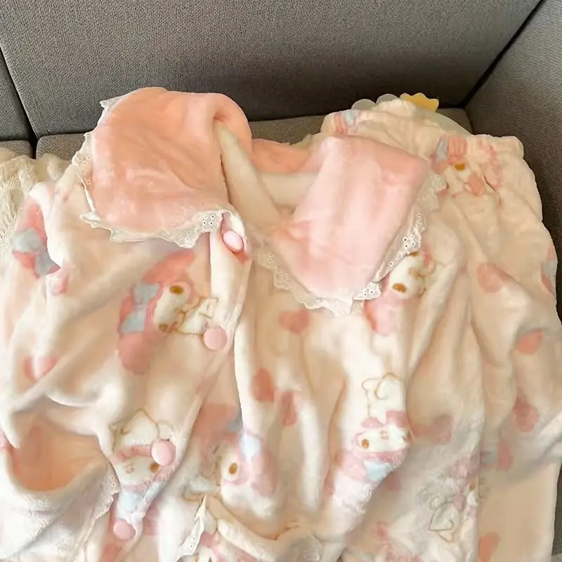 Piyama Lucu Bahan Plush Melody Anime Kawaii Sanrio Coral Fleece Wanita Baju Tidur Cardigan Longgar Atasan Celana Pakaian Rumah Pelajar
