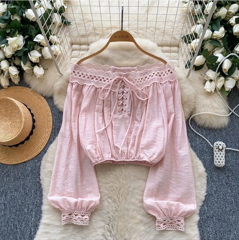 

Women's Off-Shoulder Long-Sleeved Blouse with Subtle Lace Trim and Fitted Waist for Autumn Lady's Shirt