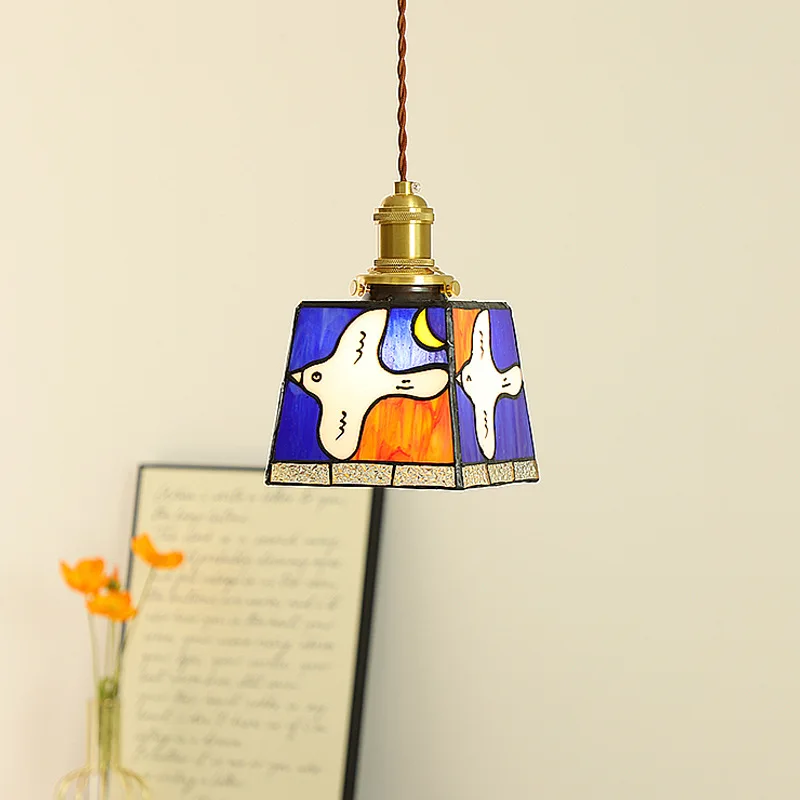 Japanese Retro Handmade Full Copper Glass Pendent Lamp Peace Dove Pendant Light Bedroom Dining  Foyer Corridor Lighting Fixtures