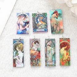 8Pcs Mucha Vintage Charms Acrylic Creative Painting For Earring Keychain Pendant Necklace Diy Making