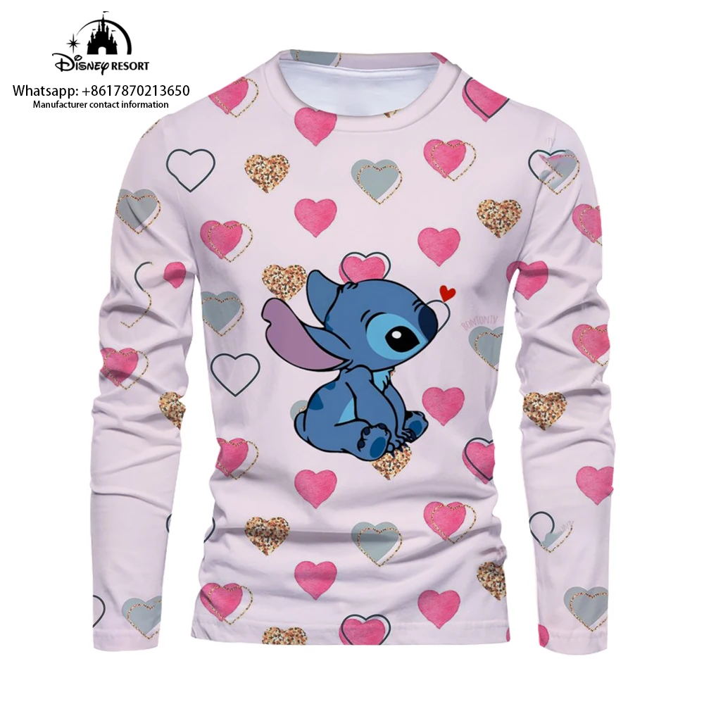 Cartoon 3D comfortable men's long-sleeved T-shirt 2024 new fashion casual men's bottoming shirt cute Stitch T-shirt