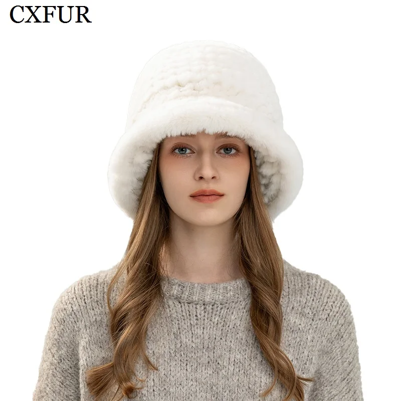 

Quality Thick Knitted Liner Winter Real Rex Rabbit Fur Bucket Hat for Women CX-C-369