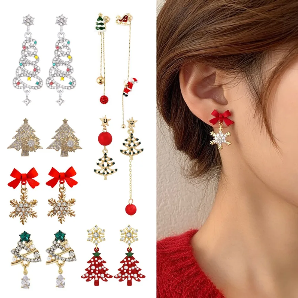 

Fashion Christmas Asymmetric Snowflake Stud Earrings for Women Crystal Zircon Long Tassel Ear Jewelry Girl New Year Party Gifts