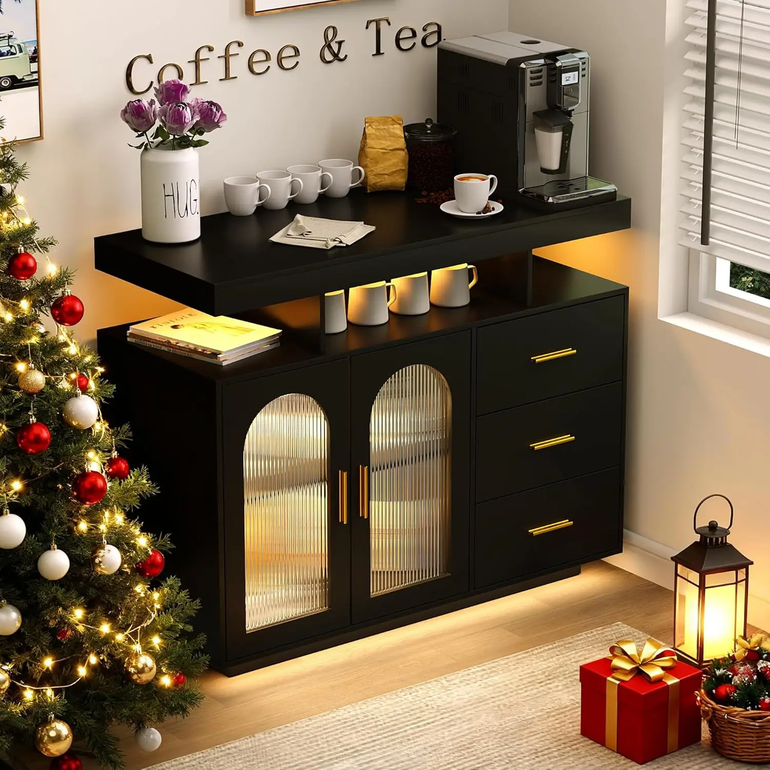 new RGB LED Coffee Bar Cabinet Kitchen Storage Cabinet & Sideboard Buffet Cabinets - Wood Coffee Bar Table with Shelf, Customize