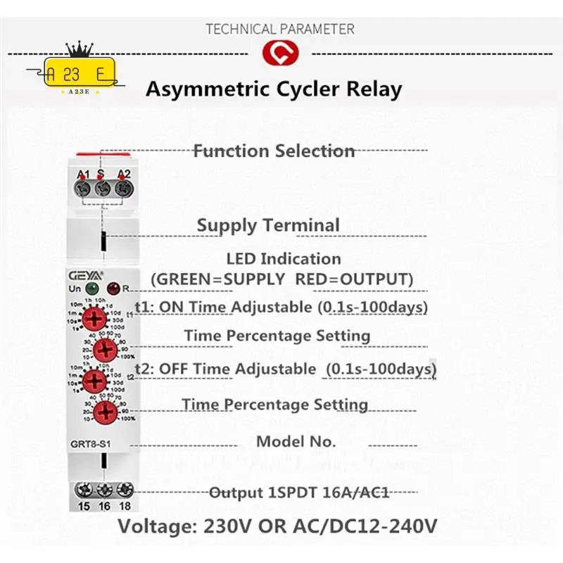 A23E-GEYA GRT8-S Asymmetric Cycle Timer Relay SPDT 16A Electronic Repeat Relay, GRT8-S1