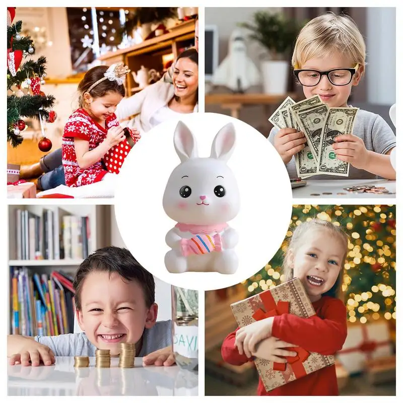 Rabbit Money Bank Desktop Animal Statue Money Bank Shatterproof Cartoon Rabbit Banks Kids Bunny Saving Money Jar Animal Figurine