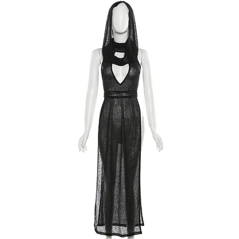 Sexy Costumes Woman Punk Gothic Dress Vintage Y2k Cyber See Through Cut Out Split High Waist Knitted Hooded Dress Cool Cosplay