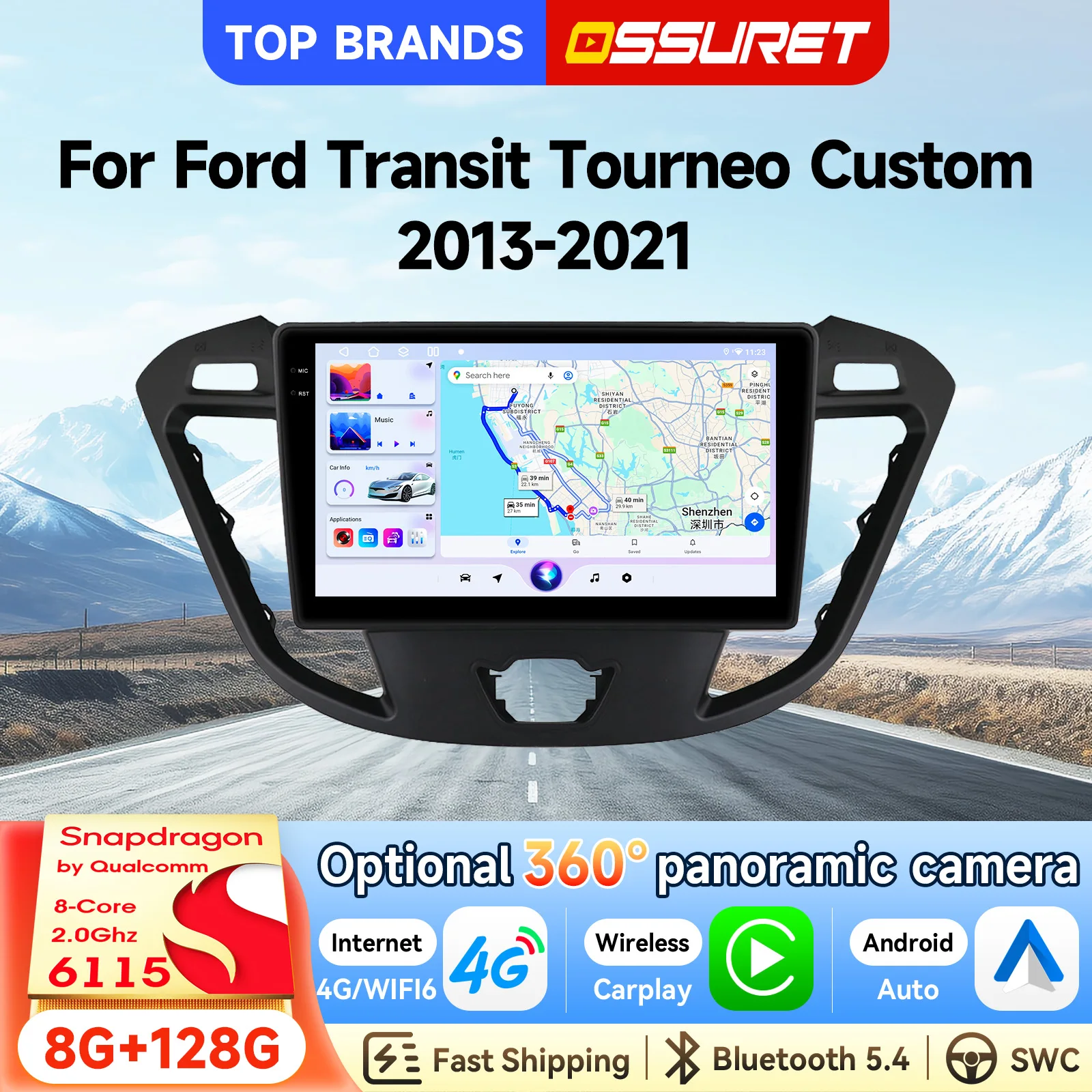 OSSURET Autoradio Android 15 da 9 Pollici 2 Din Più Venduta per Ford Transit Tourneo Custom 2013-2021, Navigazione GPS, Unità Principale Intelligente, CarPlay, Android Auto, SWC, DSP, Audio, 4G, Wifi,