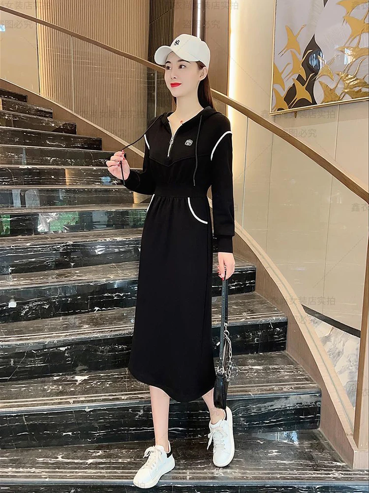 Women's Casual Dress 2023 SpringSummer New Fashion Hooded Drawstring A-line Skirt With Waist Wrap Show Slim Mid Length Dresses