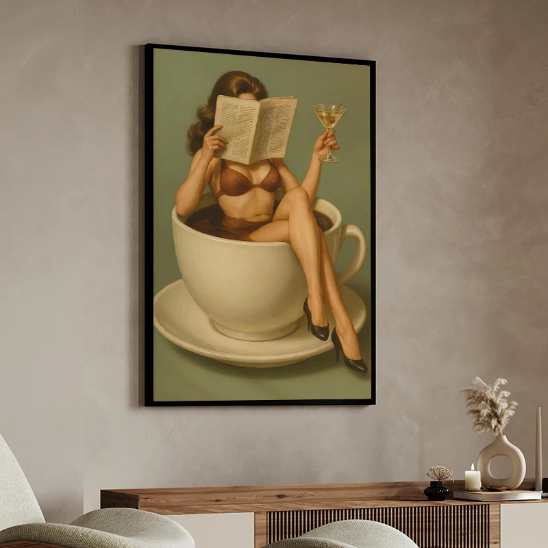 Trendy Coffee Station Art Feminist Poster Sexy Woman with Martini Espresso Canvas Painting Print for Living Room Home Decor