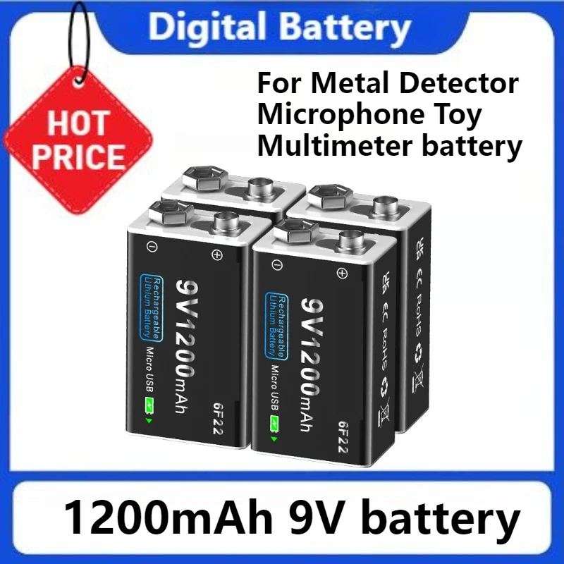 

1200mAh 9V Rechargeable Battery 6F22 9V Micro USB Charging Batteries for Metal Detector Microphone Toy Multimeter Battery