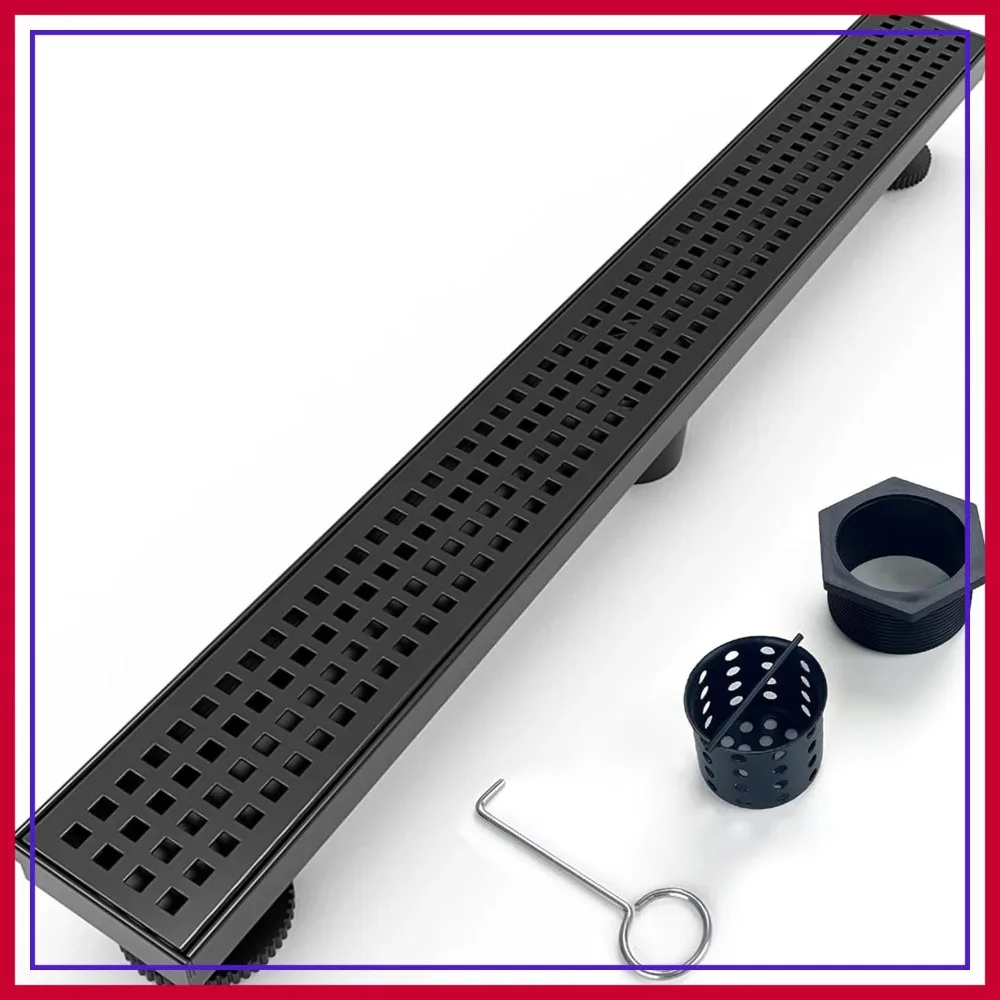 

24" Linear Shower Drain, 304 Stainless Steel, Adjustable Leveling Feet, Matte Black