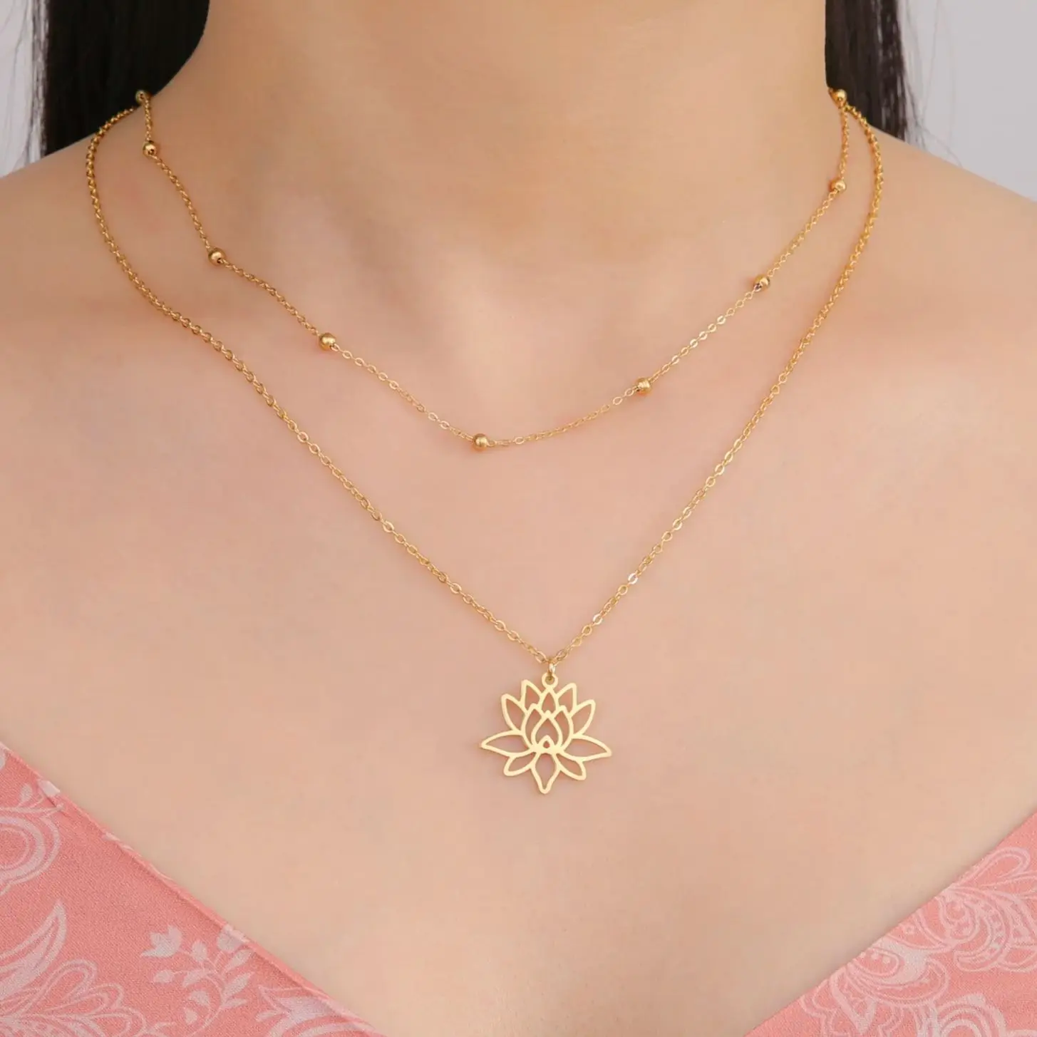 LIKGREAT Trendige Lotusschicht-Halskette aus Edelstahl, doppelte Halskette, buddhistische Meditation, Yoga, Mala, spiritueller Schmuck, Geschenk
