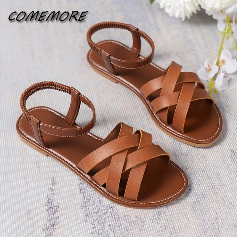 Summer Classic Women's Flat Bottom Roman Strap Sandal with Non Slip Fashion Fish Mouth Woman Shoes Round Head Beach Classic Blue