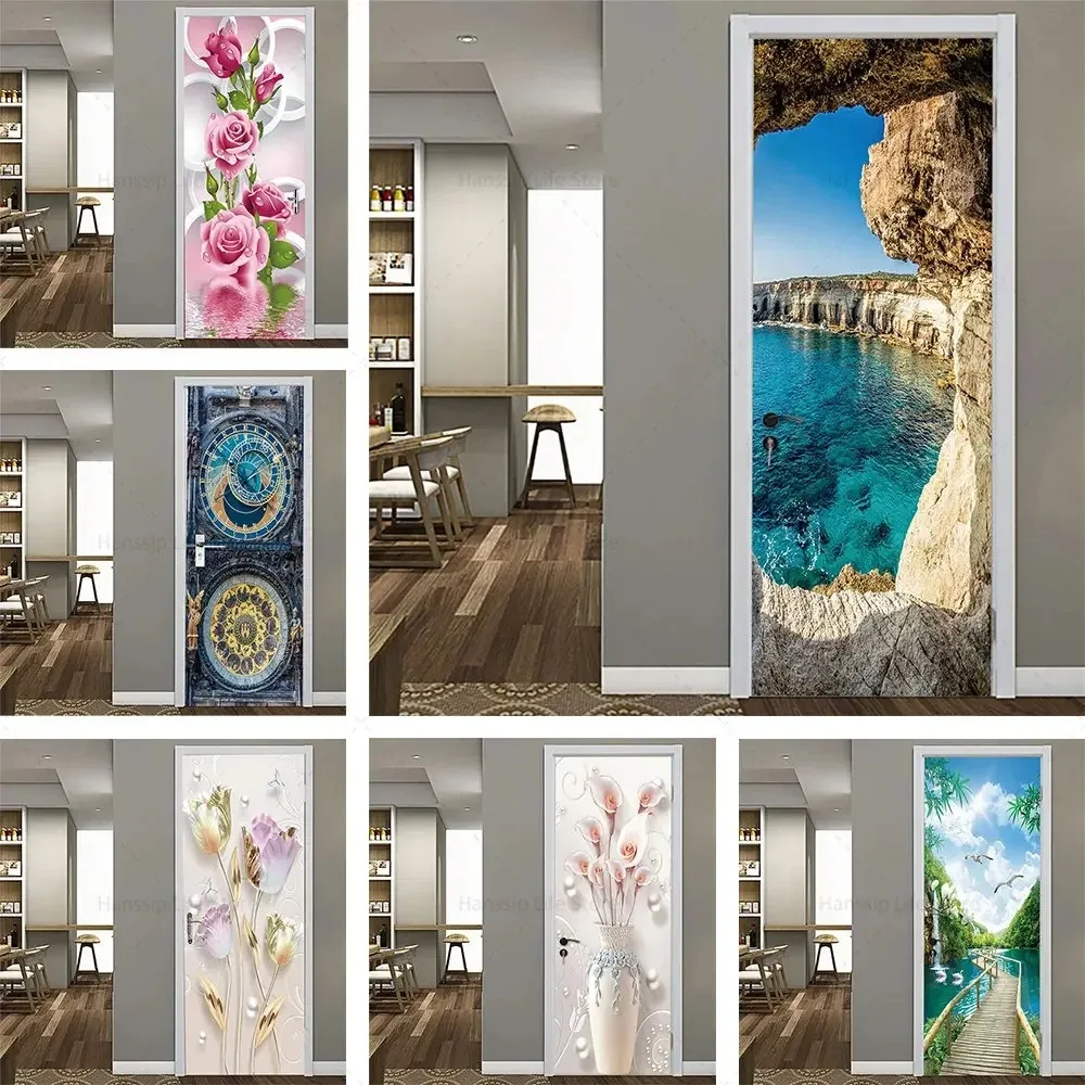 

Seaside Landscape Door Stickers Self-adhesive Rose Door Decal Mural Polyrecorded Vinyl Poster Home Decoration Bedroom Door Paper