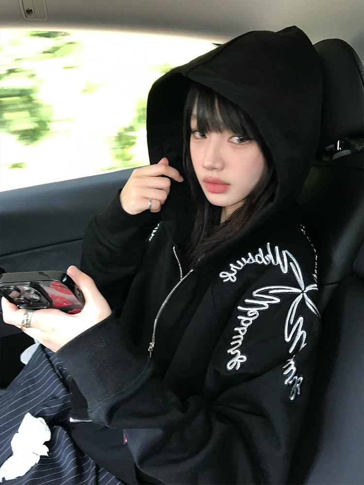 

American Embroidery Pattern Zipper Hoodie Jacket Women's Autumn Winter Thickened Design Loose Top Fashion Commute Style