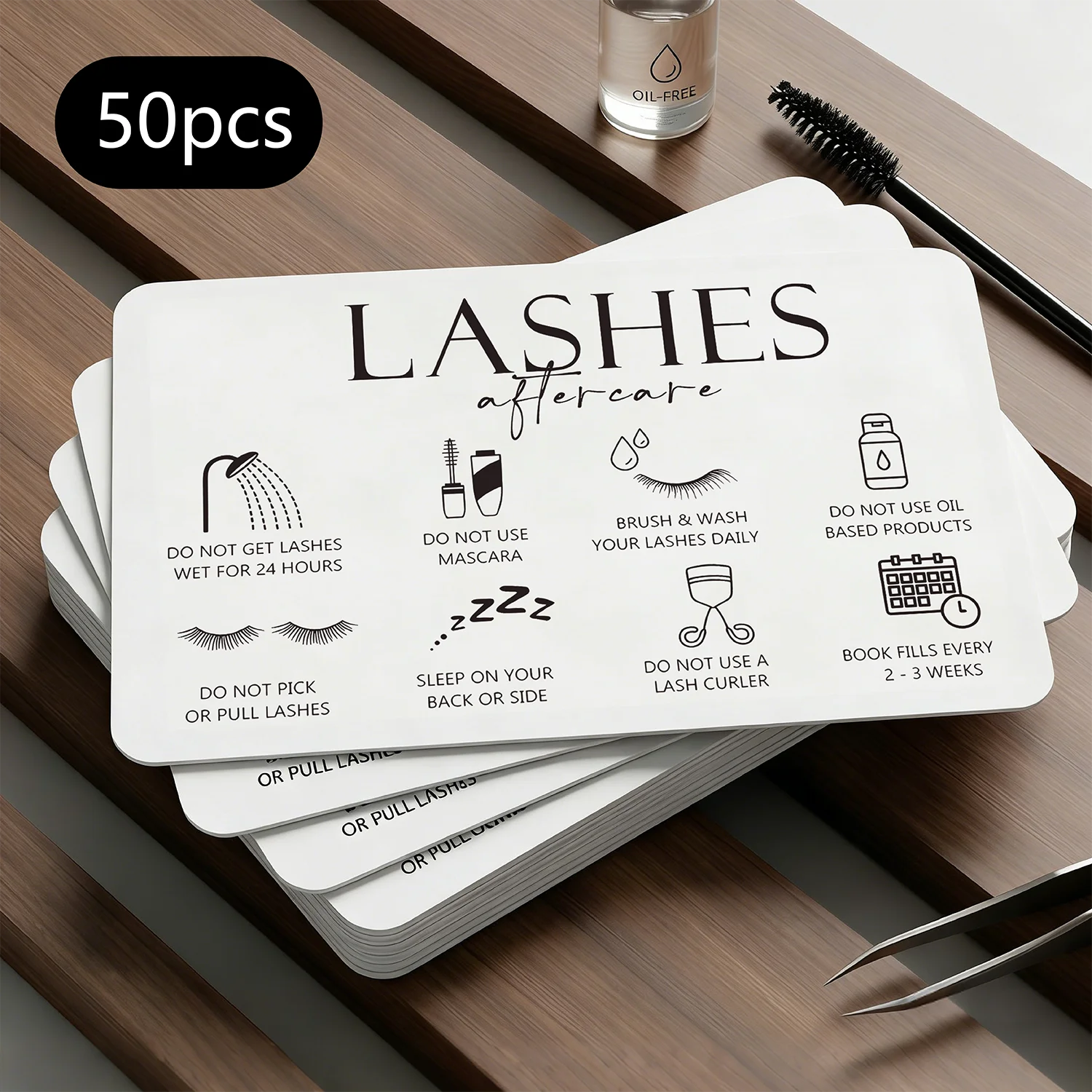 50 white PVC plastic eyelash care cards, eyelash lifting and beauty salon cards, rounded corners, 0.38mm thickness, waterproof,