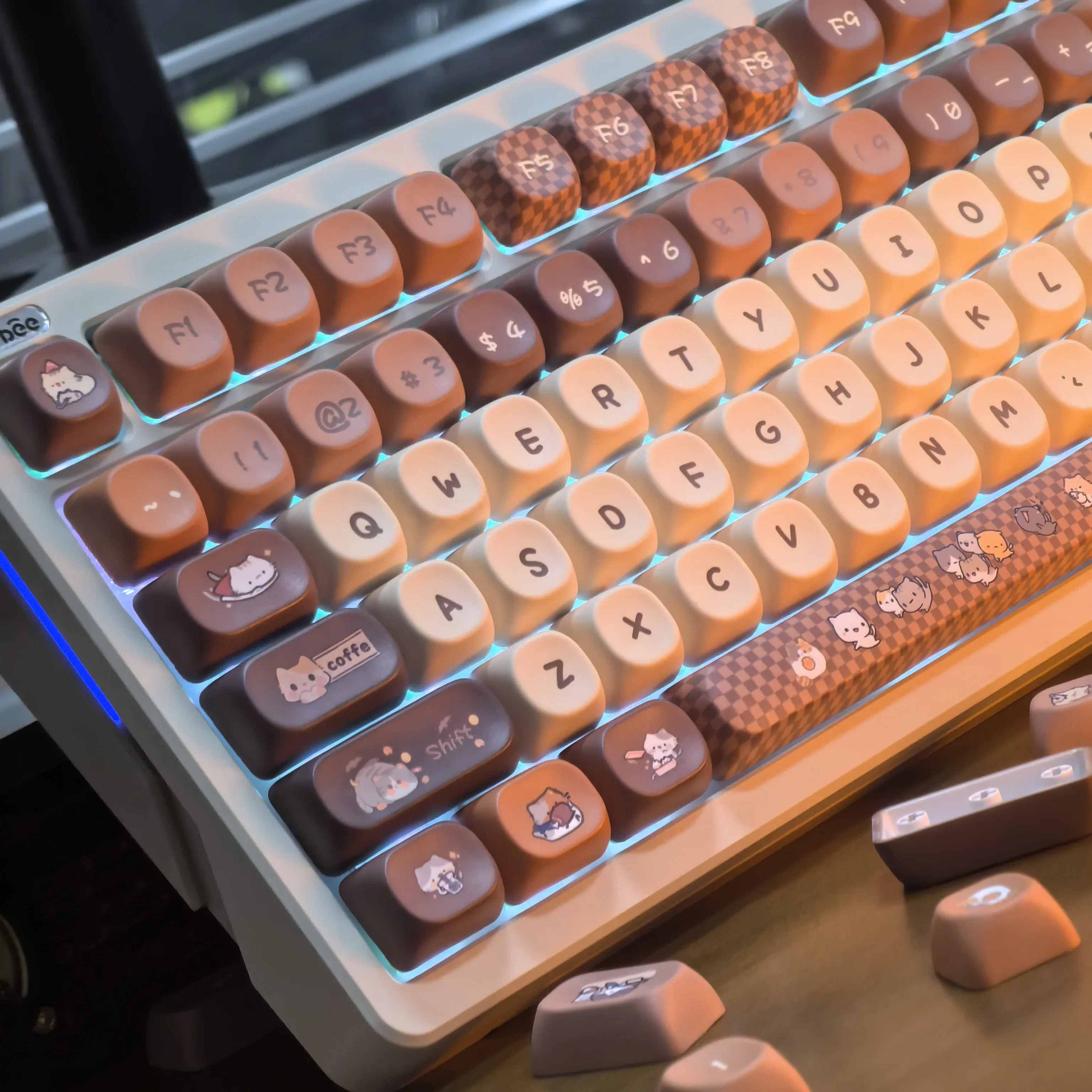 Retro Coffee Cat Keycaps Moa Pbt Brown Houndstooth Diy For Aula 75 Mechanical Keyboard Diy Keycaps 2.25/2.75u Space Bar