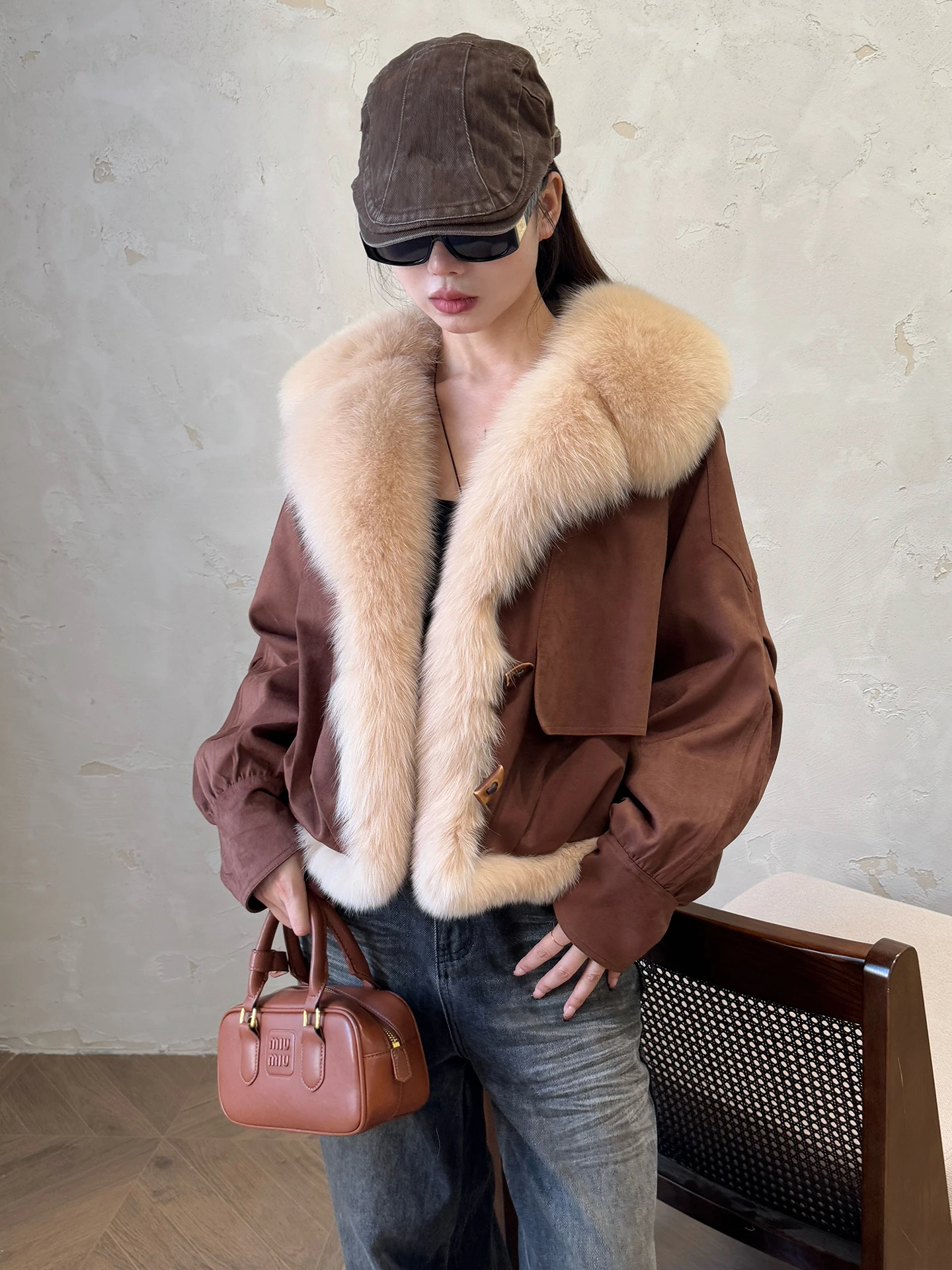 Parka courte surdimensionnée à col en fourrure de renard, ample et amincissante, avec rembourrage en duvet d'oie blanche, nouvelle collection